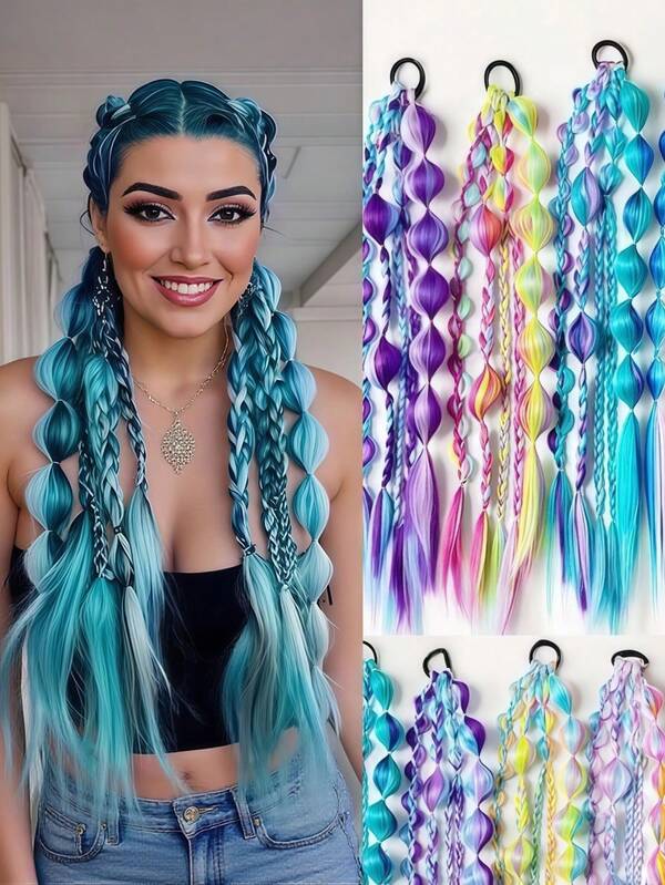 Crafted With Attention To Detail, These Multi - Colored Bubble Braid Hair Extensions Offer A Versatile Way To Transform Your Hairstyle, Combining Design With Vibrant Colors, Making Them A Standout Accessory For Anyone Looking To Experiment With Bold And Creative Looks At Various Events And Gatherings. ,Hair Rope