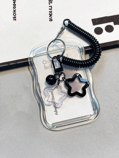 Transparent Card Protector, Creative Photo Card Holder Keychain, Transparent Bus Card Case, Made Of Acrylic Material, Resistant To Deformation And Wear, Lucky Star Pattern, With Spring Cord And Decorative Elements, Versatile Use