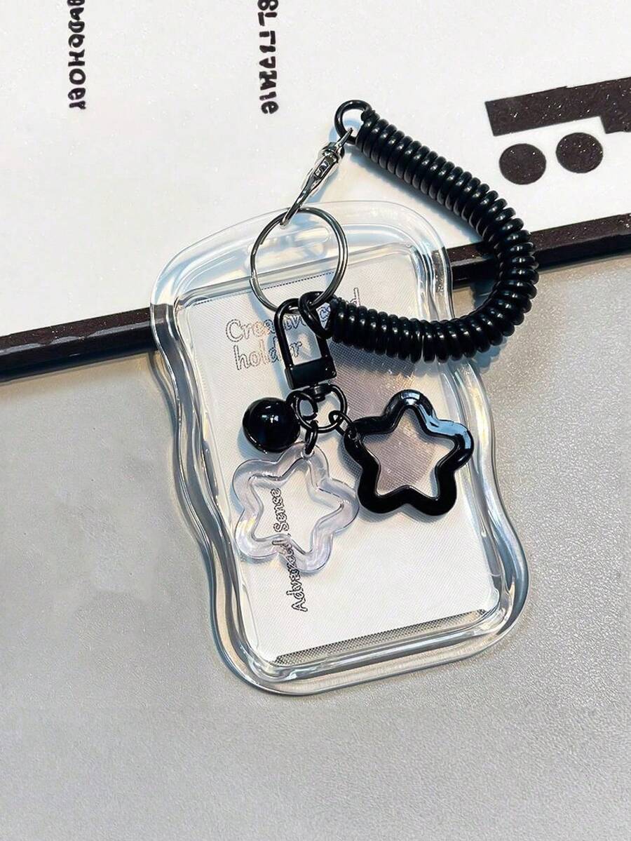 Transparent Card Protector, Creative Photo Card Holder Keychain, Transparent Bus Card Case, Made Of Acrylic Material, Resistant To Deformation And Wear, Lucky Star Pattern, With Spring Cord And Decorative Elements, Versatile Use