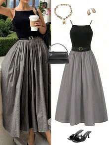 女士优雅派对约会长裙 | 黑灰色针织拼接A字高腰连衣裙 | 含腰带 | 适合度假及商务休闲场合 | 2026春夏 - 灰色 - 查看 9