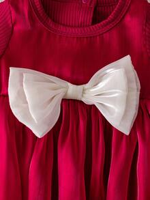 2pcs/Set Newborn Baby Girls Stylish Princess Mesh Long Sleeve Bodysuit And Headband, Spring/Autumn