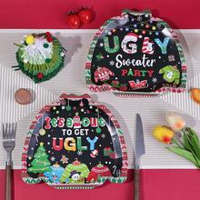 10pcs/20pcs/40pcs/50pcs,Christmas Ugly Sweater Shaped Paper Plates Blakc Merry Christmas Ugly Sweater Snowflake Disposable Trays, Ugly Christmas Sweater Plates, Xmas Tacky Sweater Birthday - Multicolor - View 5