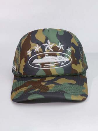 1pc Summer Embroidered 5-Star Camo Mesh Baseball Trucker Hat, Unisex Breathable Outdoor Casual Sun Hat, Suitable For Spring/Autumn, Travel, Beach, Y2K Style Gift