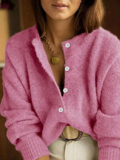 Plus Size Women Solid Color Casual Long Sleeve Single-Breasted Knitted Cardigan, Autumn/Winter