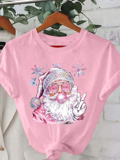 Women's Vintage Santa Claus Bubble Print T-Shirt, Comfortable Fit Short Sleeve Top, Machine Washable, Casual Wear For All Seasons, Women's Christmas T-Shirt, Funny Santa Claus Wearing Sunglasses, Retro Merry Christmas