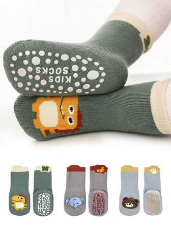 3 Pairs Thick Anti-Slip Cartoon Thermal Lined Baby Toddler Crew Socks, Autumn/Winter