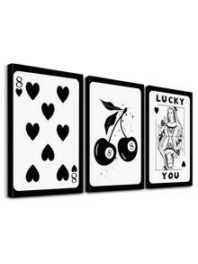 三幅一套的游戏主题墙画，黑桃8墙饰，扑克帆布画，现代家居装饰，娱乐艺术墙贴，樱桃木色房间装饰挂画，适用于客厅、卧室、浴室 - 3件/套 - 查看 12