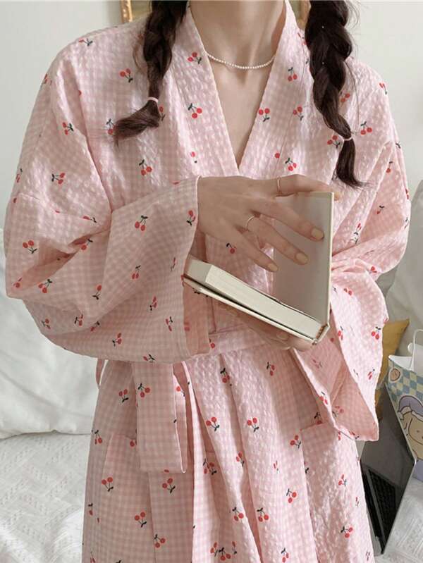 1pc Women's Robe, Kimono Robe, Sleepwear, European & American Minimalist Style Long Sleeve Robe, Spring/Autumn New Arrival, Pink/Blue Plaid, Cute Cherry Blossom Print, Thin Solid Color Pajamas, Loungewear
