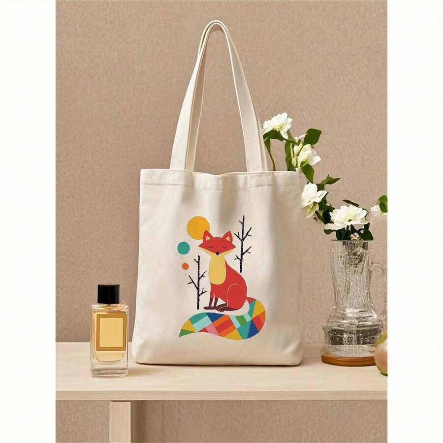 Stylish Rainbow Fox Canvas Tote Bag - Durable Shoulder Handbag With Vibrant Animal Design, Spacious Square Shape For Everyday Use - trắng - Xem 1
