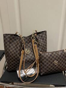 Two Pieces New Arrivals: A Large-Capacity M-Letter Printed Tote Bag With Double Handles, Perfect For Commuting To Work Or Campus Use. This Spacious Yet Lightweight Tote Bag Combines Classic Casual And Business-Casual Styles. Ideal For Young Women, College Students, And Professionals, It Seamlessly Adapts To Work Environments, Back-To-School Season, Middle/High School/University Life, And Holiday Travel. A Fashionable Zipper Tote Bag.