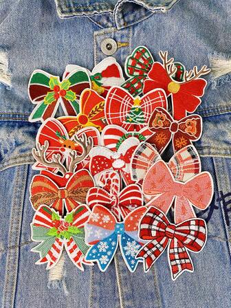1 Set Of 3/9pcs Colorful Christmas Bow Series Embroidery Patch Cute Fashion Cartoon Festival Party Polyester Badge Applique DIY Clothing Iron On Patches Sew Accessory Cloth Stickers Suitable For Backpacks, Jeans, Jackets, T-Shirts, Hats, Dresses, Etc