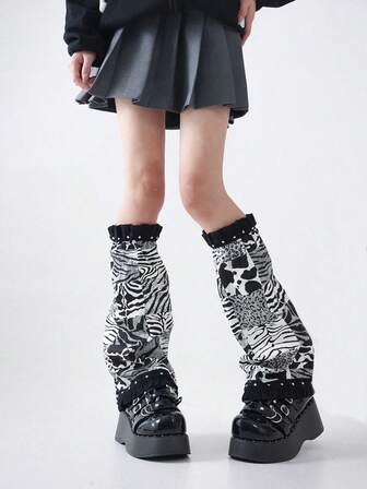 polve 1 Pair Apocalyptic Chic Dopamine Inspired Leopard Print Leg Warmers, Slim Fit Ruffled Leg Warmers With Ties For Women
