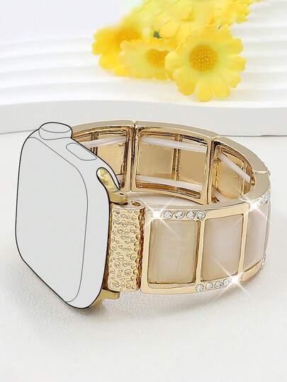 1pc able Cat's Eye Stone Metal Bracelet Strap Compatible Apple Horloge 38mm 40mm 41mm 42mm 44mm 45mm 49mm (S10 42)Mm 46)Mm Women,Luxurious Elegante Rhinestone Elastic Iwatch Series Ultra S10 SE 1, Mother's Day, view 3