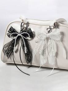 1pc Korean Style Elegant Double-Layer Lace Bow & Faux Pearl Keychain, Sweet Ribbon Bag Charm