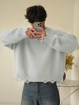Suéter de cuello redondo de manga larga con flecos y detalles desgastados, suelto y cómodo, estilo callejero minimalista unisex para otoño/invierno