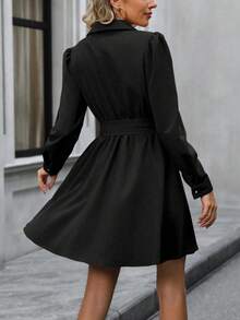 VESTIDO LISO PARA MUJER, VESTIDO MANGA LARGA CON CINTURÓN, VESTIDO CUELLO CAMISERO, VESTIDO CON BOTONES DELANTEROS - Negro - Ver 2