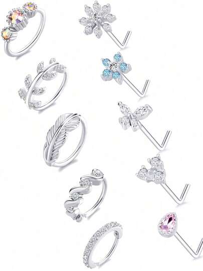 10Pcs Multi-Piece Fashion Versatile Silver, Gold & Rose Gold-Toned Cubic Zirconia Inlaid Floral, Feather Detail Nose Ring Set Unisex For Daily & Festival Celebration