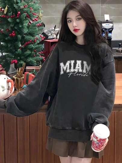 Women's Y2K Oversized Cotton Comfortable Black Washed Vintage Retro Letter Print Casual Hoodie For Holiday, Home, Street, Student, Suitable For Autumn/Winter, Christmas