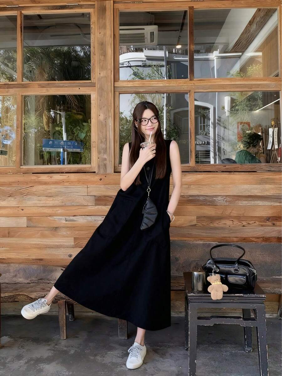 女式复古休闲时尚无袖宽松修身连衣裙 - 黑色 - 查看 1