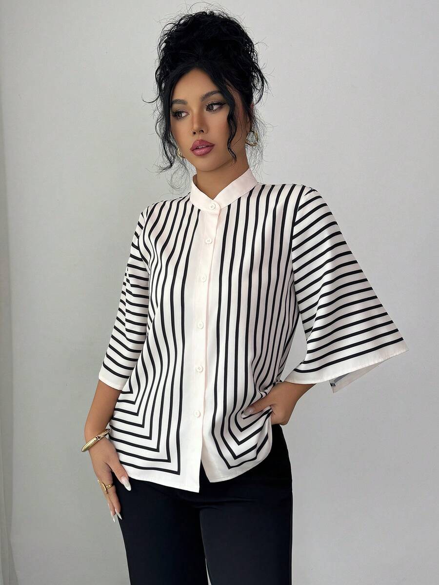 Blusas a rayas casuales, elegantes y diarias con botones delanteros, adecuadas para usar en casa, brunch, primavera, verano y el Día de San Valentín - Multicolor - Ver 1