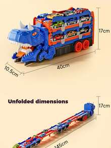 一套儿童卡车玩具套装，带收纳功能，适合3-6岁男孩，包含变形恐龙运输卡车、12辆合金小车和轨道，可变形恐龙玩具车套装