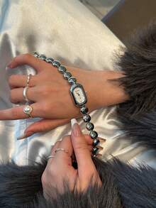 1 件椭圆形竹节表带女士手表，可调节金色表带，优雅百搭的石英腕表，适合日常佩戴，是理想的日常搭配礼物。 - 銀色 - 查看 6