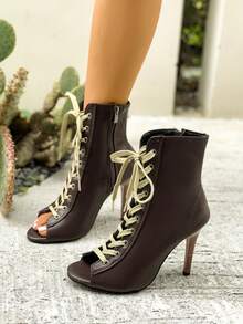 欧美风系带露趾细高跟镂空踝靴，爵士舞鞋，春夏装扮 - 棕色 - 查看 4