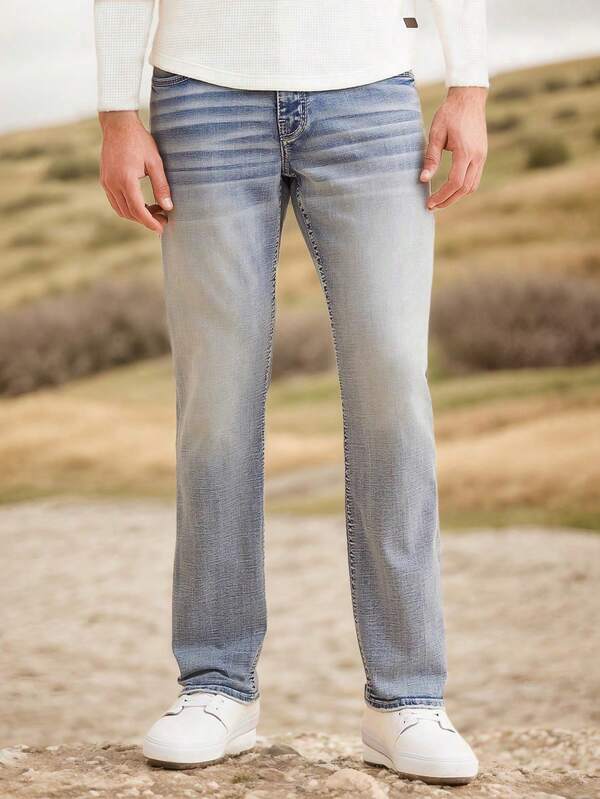 Boys Fashion Casual Straight Cut Embroidered Elastic Waist Jeans, All Seasons