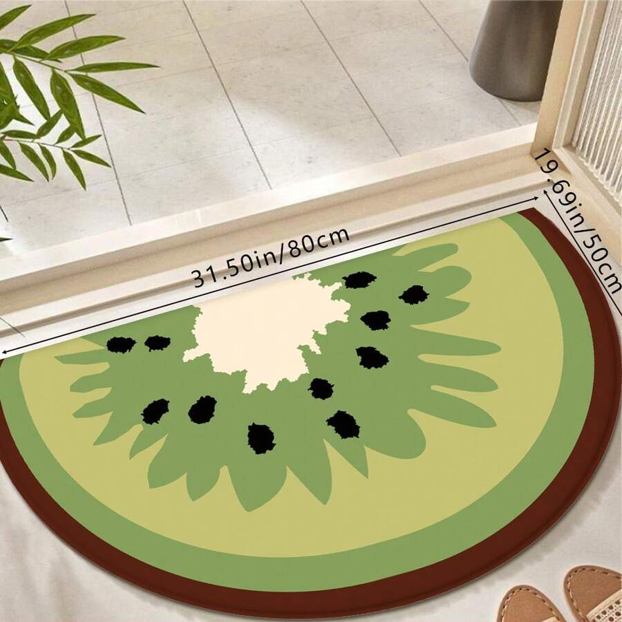 1pc Creative Half-Circle Cartoon Kiwi Printed Faux Wool Floor Mat, Soft Non-Slip Absorbent Washable Bathroom Rug, Comfortable Dirt-Resistant Doormat Carpet For Living Room, Bedroom, Kitchen, Laundry Room, Bathroom - Multicolor - View 1