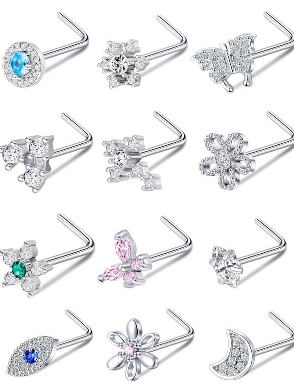 12 PCS Nose Rings Stud L Shape Nose Rings Cubic Zirconia Butterfly Flower Eye Moon Crown Heart Lightning Shape Nose Studs Piercing Jewelry For Women Men 20G Silver Tone