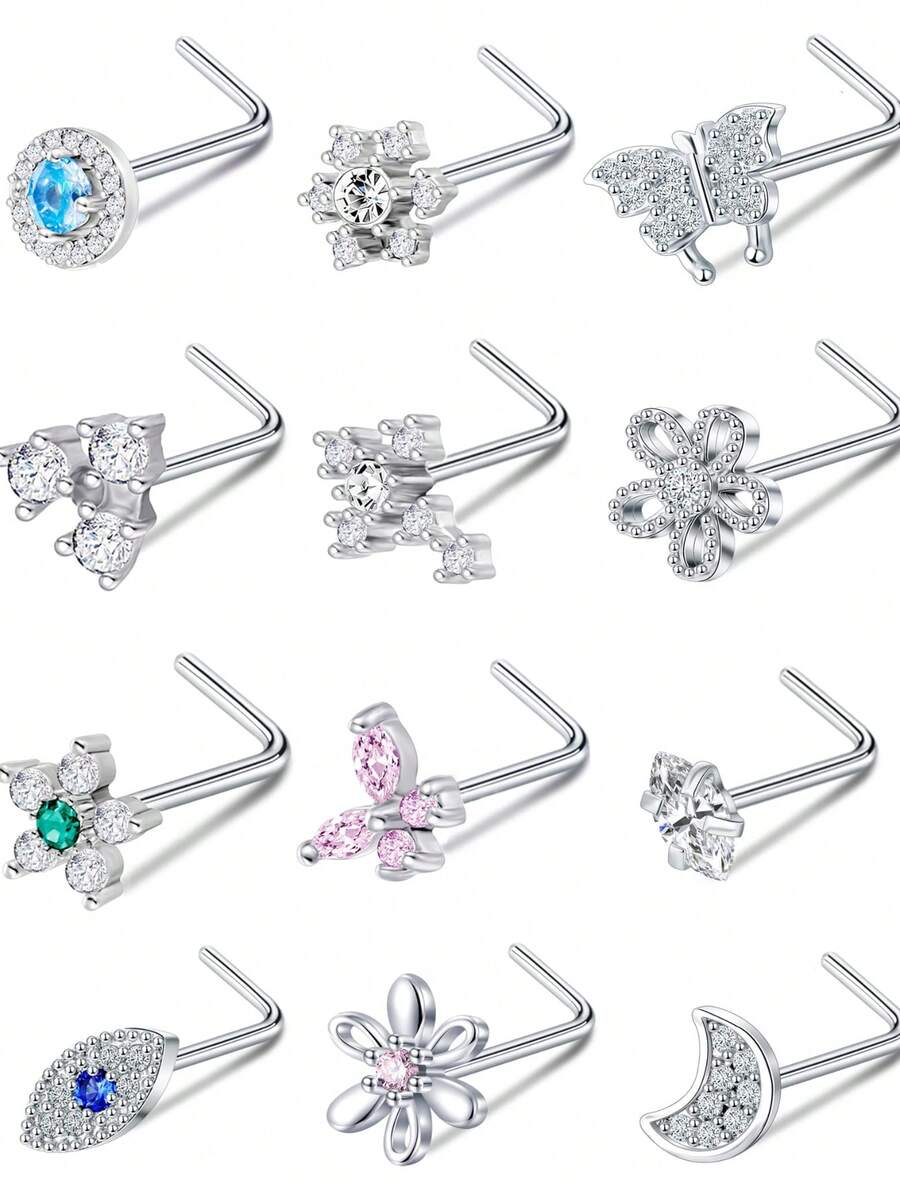 12 PCS Nose Rings Stud L Shape Nose Rings Cubic Zirconia Butterfly Flower Eye Moon Crown Heart Lightning Shape Nose Studs Piercing Jewelry For Women Men 20G Silver Tone