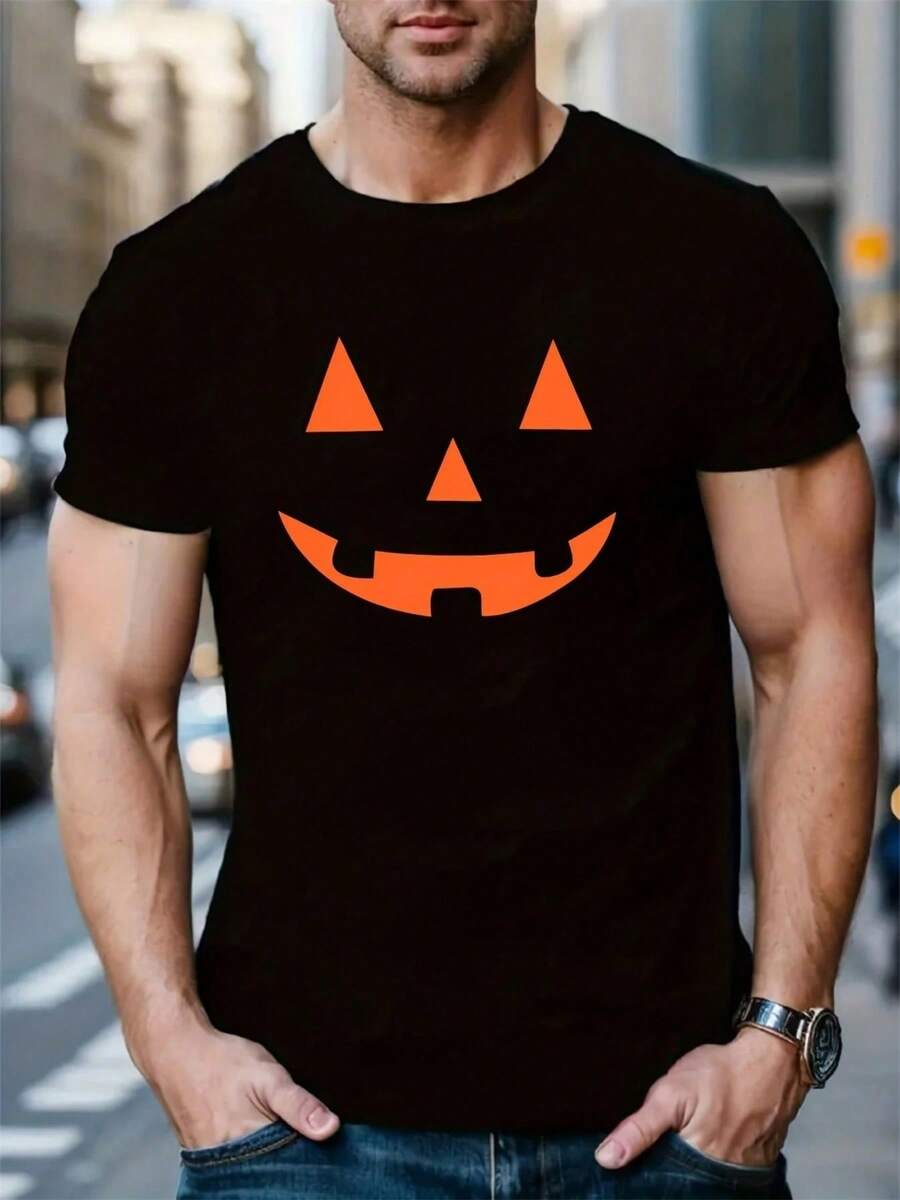 Camiseta estampada de cuello redondo y manga corta careta de calabaza de Halloween - Negro - Ver 1