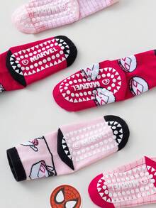 Marvel 5双漫威格温蜘蛛侠主题凝胶防滑儿童袜，包括粉色女童过膝袜、透气防滑卡通男童袜和防滑家居袜，适合好动儿童和蜘蛛侠电影粉丝。 - 粉色 - 查看 4