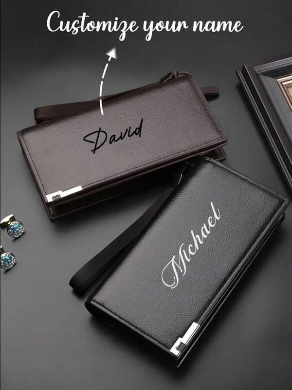 1pc Customized Men's Long Wallet, Minimalist Multi-Card Slots Zipper Phone Bag, Large Capacity Clutch Bag, Unisex Black/Coffee Color Wallet Can Hold Phone, Anti-Theft Anti-Demagnetization Zipper, Portable Wrist Strap Multi-Layer Multi-Card Slots Luxury Business Leather Card Holder, Litchi Texture, Minimalist, Retro, Fashion, Durable