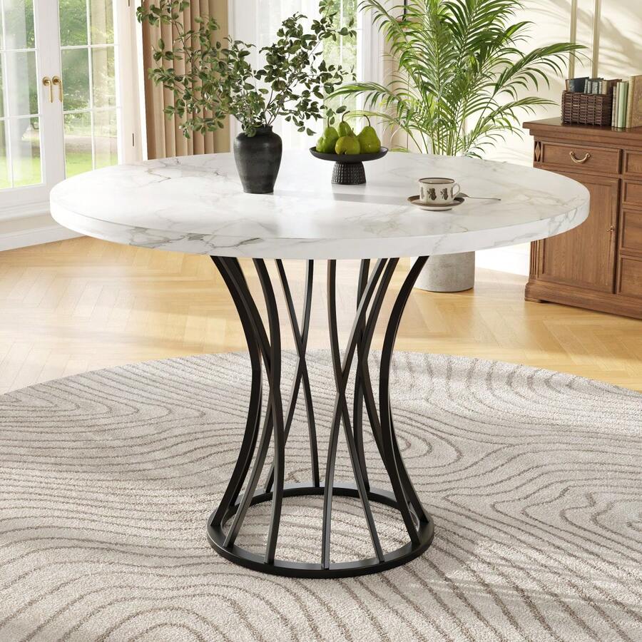 Round Dining Table (76cm), Kitchen Table, Round Coffee Table For 4-6 People, Suitable For Dining Room, Living Room, Metal Table Legs, Geometric Legs, Black Legs - 黑色+MDF+金屬 - 查看 1