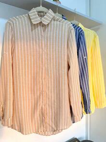 Linen Button-Down Shirt, Beach Cover-Up, Long Sleeves, Striped, Polyester, Button-Down, Vacation, Diary, Travel, Summer. - Beige - View 2