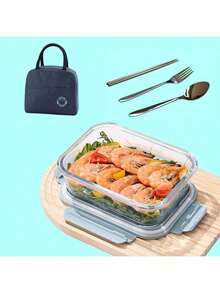 3件套玻璃饭盒套装含3件餐具和保温袋，大容量透明盖厚玻璃，可微波炉加热，适合上班族、学生带饭、水果 - 彩色 - 查看 16