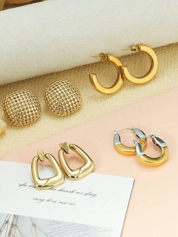 4 Styles Vintage Minimalist Stainless Steel Pendant Earrings For Women, Geometric Hollow Square Stud Earrings, BicoloAsymmetricalar Round Hoop Earrings, Suitable For Party, Beach Holiday Wear