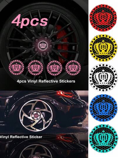4 Pcs/Piece Crown-Shaped Pattern Car Wheel Reflective Sticker-Vinyl Self-Adhesive Safety Warning Decal For Suv & Trucks, Stylish Exterior Decoration Sticker For Night Driving Safety, High-Grade Reflective Vinyl Material, In Low Light/Darkness With High Visibility, Waterproof And Weatherproof, Suitable For Outdoor Use, Easy To Apply On The Rim, No Bubbles,