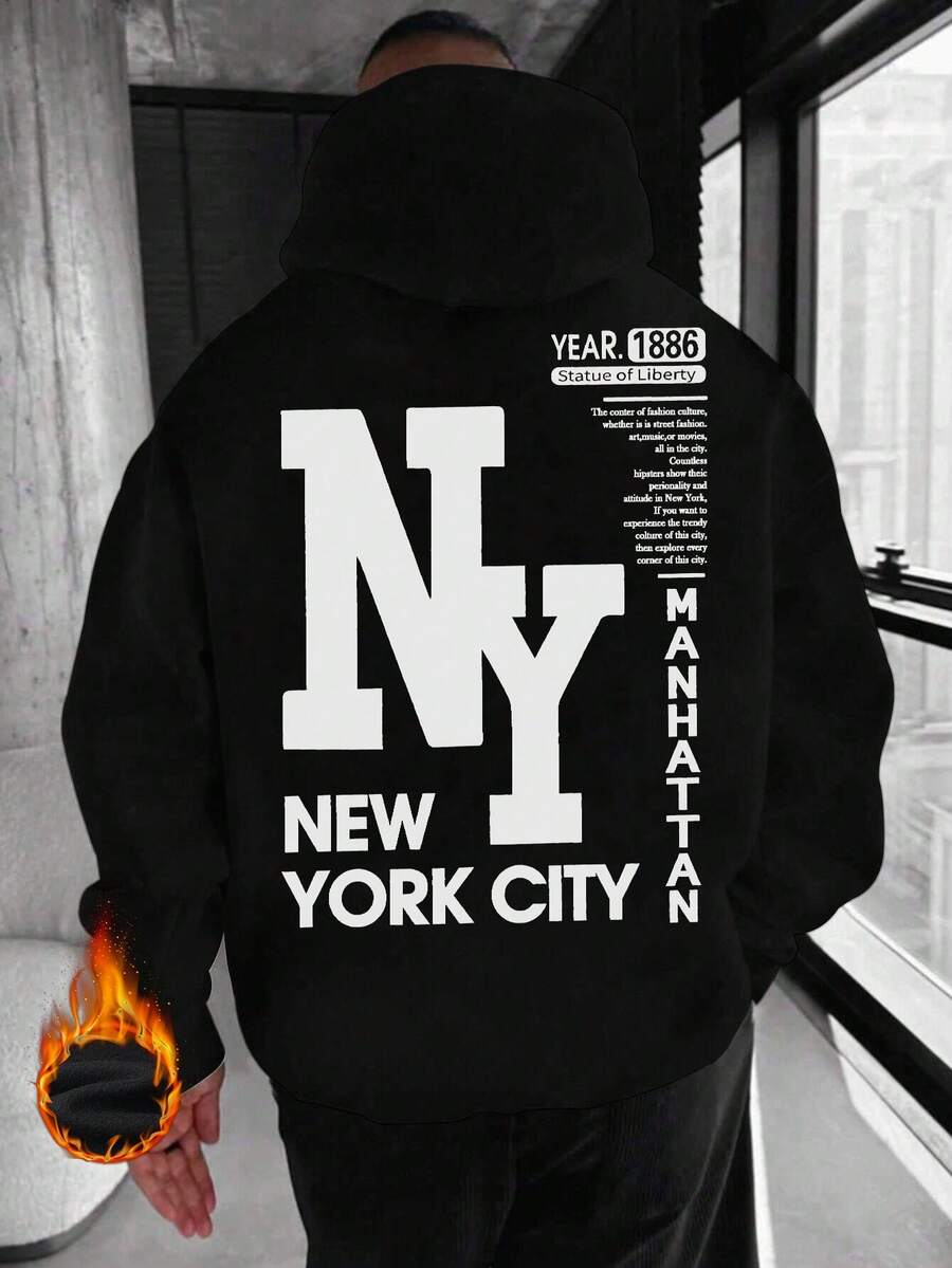 男士休闲纽约缩写印花连帽卫衣，返校季，秋冬季，长袖上衣 - 黑色 - 查看 1