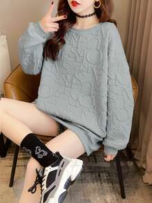 女士字母压纹圆领落肩长袖休闲宽松毛衣 - 灰色 - 查看 6