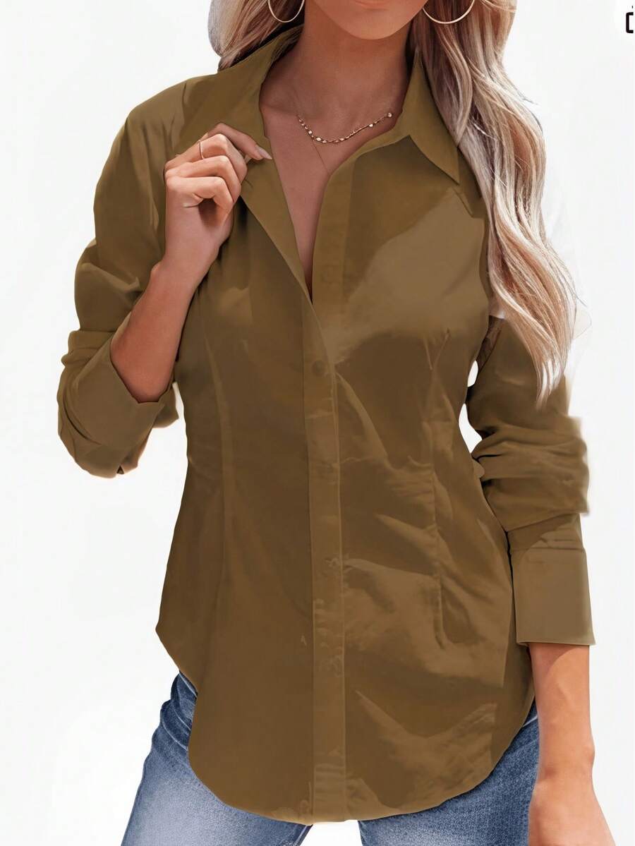 Women's Polyester Long Sleeve Collared Button-Up Shirt, Slightly Stretchy - Khaki - View 1