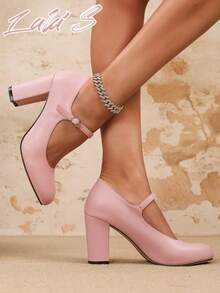 女士优雅时尚系带圆头粗跟超高跟玛丽珍鞋，搭扣设计方便穿脱，适合派对/婚礼/圣诞节/通勤/春秋季等场合，粉色高跟鞋，舒适女鞋，商务礼仪，度假，女士正装鞋 - 粉色 - 查看 3