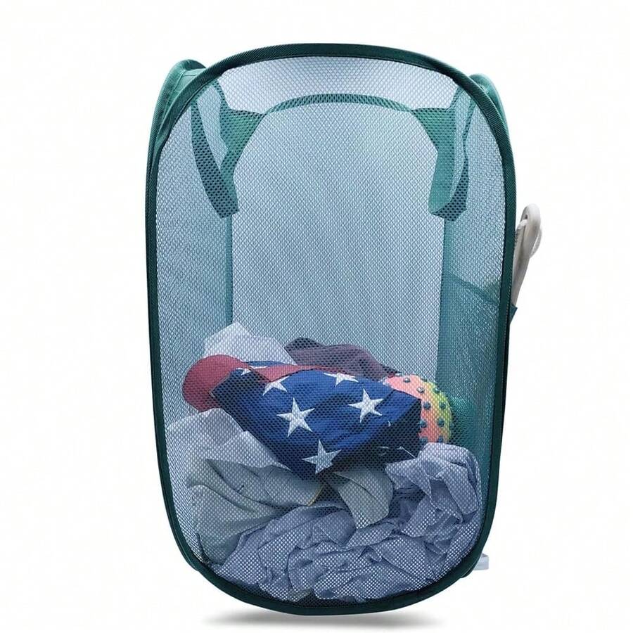 Sturdy Mesh Laundry Hamper Basket Bag, Up Basket With Side Pocket For Laundry Room, Bathroom, Room, College Dorm Or Travel ( Vertical, Emerald){Inchsize_nameinch:InchVerticalinch,Inchcolor_nameinch:InchEmeraldinch} - 翠 - 查看 1