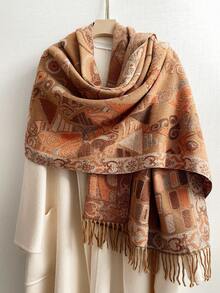 FADZOYLE 1 Stück Damen Retro Stil Vintage Geometrie Muster Schal mit Quasten Pashmina Umhang Haarwickel, weich wie Kaschmir, für Winter Herbst warm und windundurchlässig, für den täglichen Gebrauch, Reisen, Büro und als Geschenkzubehör - Verschiedenfarbig - Übersicht 4