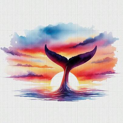 一套 - 日落鲸尾十字绣套件，DIY针线艺术用品，11CT十字绣装饰画，创意手工减压礼物。完整的家居装饰印花十字绣工艺品，适合家居装饰编织艺术。不含画框。