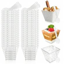 60ml/2oz Copas de postre plateadas, 50 UNIDADES Copas de postre de plástico + 50 UNIDADES Cucharas de plástico, reutilizables, ideales para postres DIY, chocolates enlatados, cremas, pudines y fiestas de mousse, copas de postre medianas