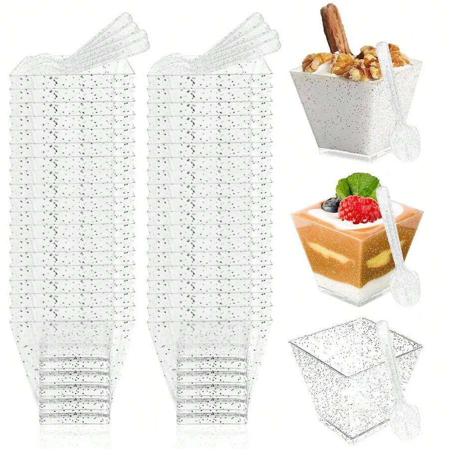 60ml/2oz Copas de postre plateadas, 50 UNIDADES Copas de postre de plástico + 50 UNIDADES Cucharas de plástico, reutilizables, ideales para postres DIY, chocolates enlatados, cremas, pudines y fiestas de mousse, copas de postre medianas