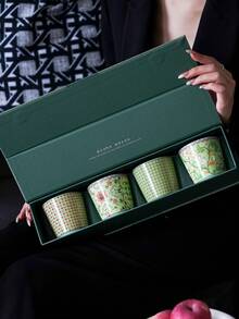 1/4pcs Oriental Floral Porcelain Mug Set, 4pcs Handhold Tea/Coffee Cup Gift Box, Elegant Green Ceramic Drinkware Decorated With Traditional Floral Patterns, Ideal For Birthday, Holiday Gifts And Home Decor - Multicolor - View 15
