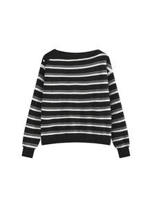 1pc Women's Striped Asymmetrical Shoulder Long Sleeve Knit Sweater, Slim Fit Flattering Top For Autumn - Black and White Stripes - View 6